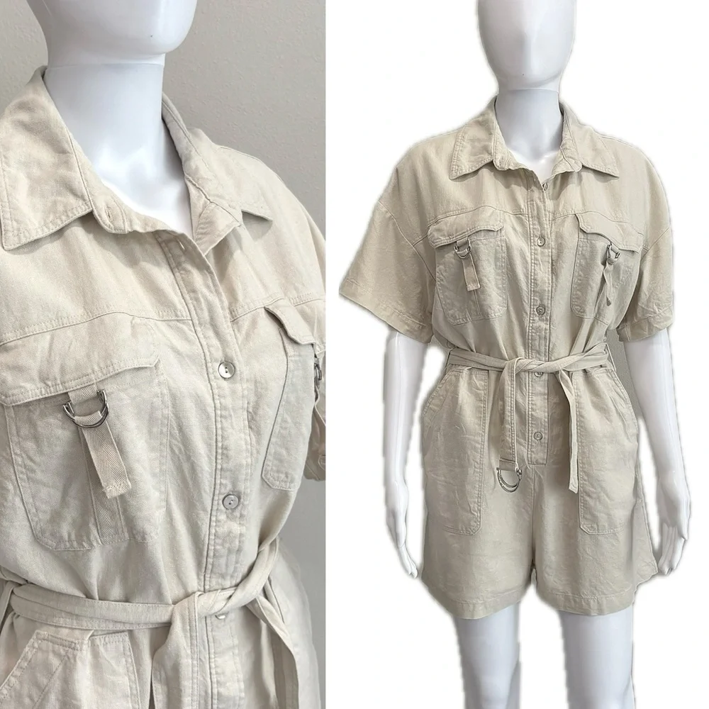 Zara Linen Blend Button Down Shirt Romper Size Large Cargo Pocket Utility Belted